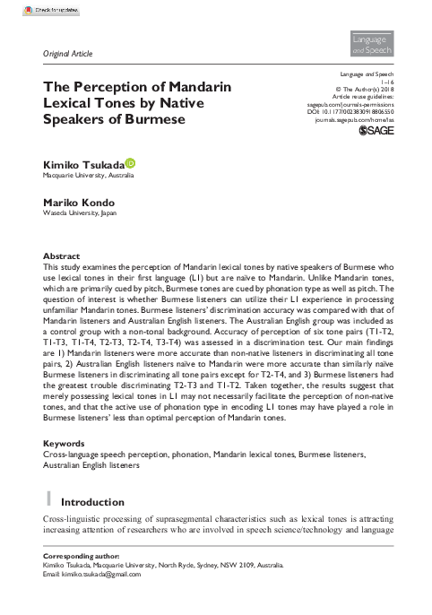 (PDF) The perception of Mandarin lexical tones by native Japanese and ...