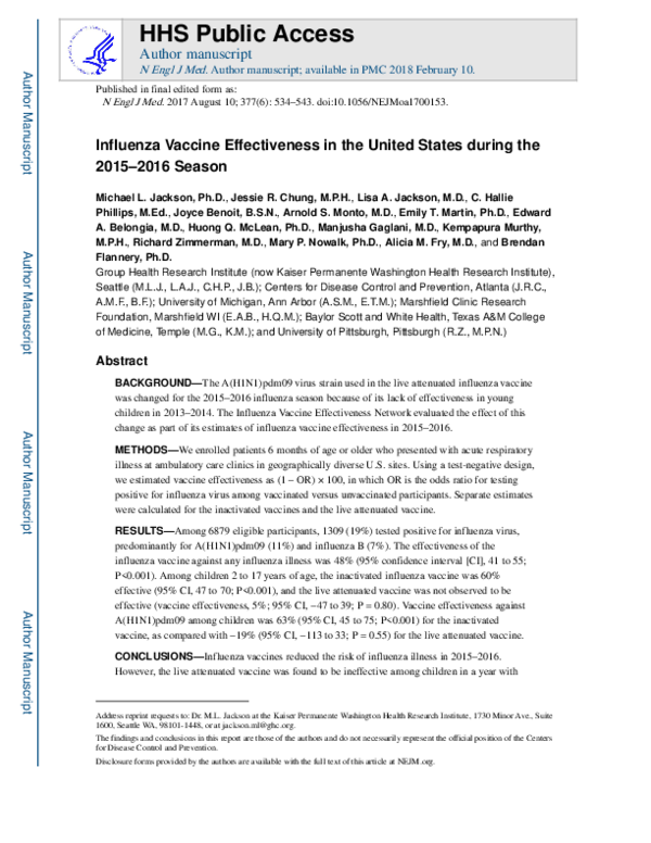(PDF) Influenza Vaccine Effectiveness in the United States during the ...