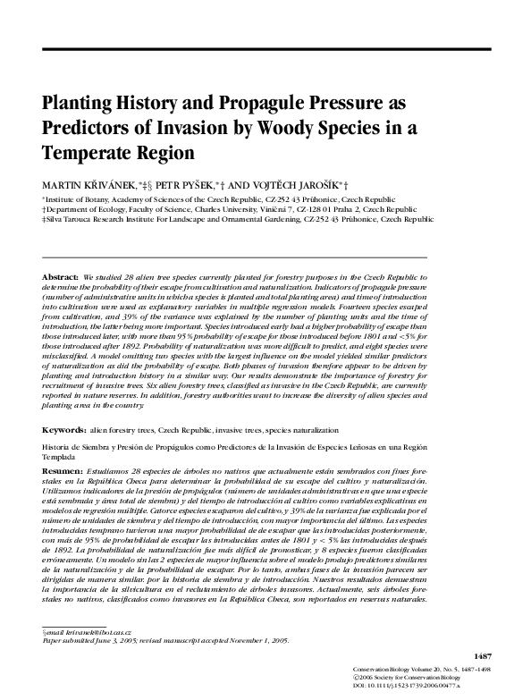 (PDF) Planting History and Propagule Pressure as Predictors of Invasion ...