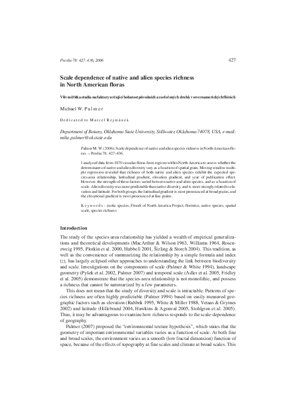 (PDF) Scale dependence of native and alien species richness in North ...