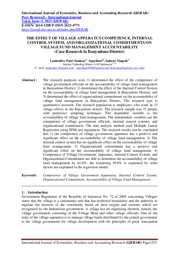 (PDF) THE EFFECT OF VILLAGE APPARATUS COMPETENCE, INTERNAL CONTROL ...