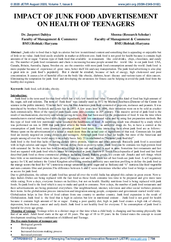 (PDF) Impact of Junk Food Advertisement on Health of Teenagers