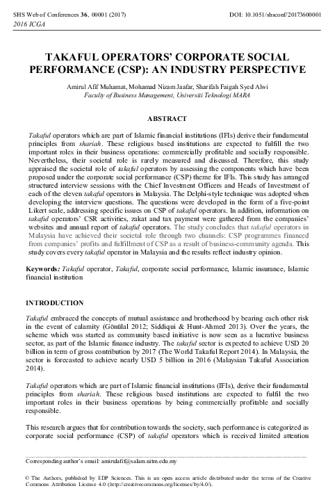 (PDF) Takaful Operators’ Corporate Social Performance (CSP): An ...