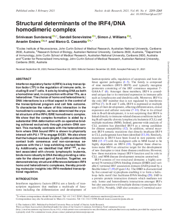 (PDF) Structural determinants of the IRF4/DNA homodimeric complex