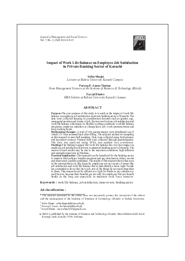 (PDF) Impact of Work Life Balance on Employee Job Satisfaction in ...