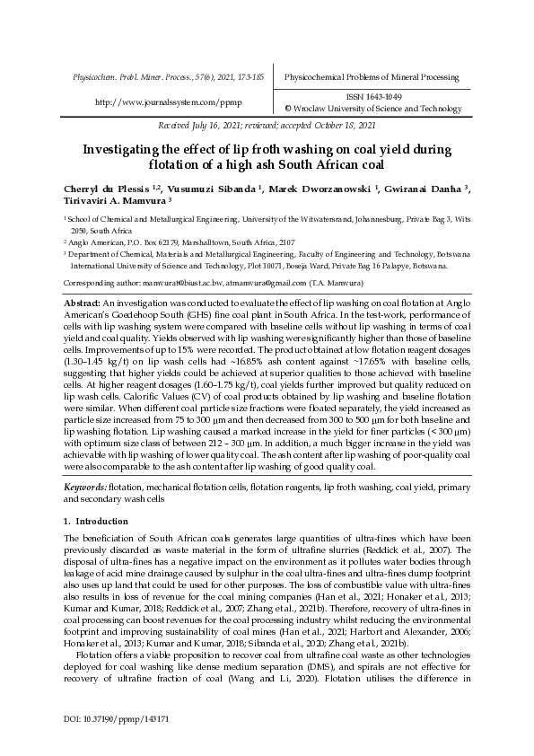 (PDF) Investigating the effect of lip froth washing on coal yield ...