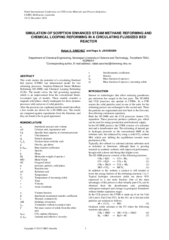 (PDF) Simulation of Sorption Enhanced Steam Methane Reforming and ...