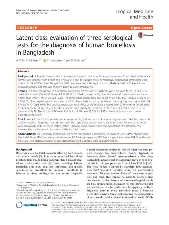 (PDF) Latent class evaluation of three serological tests for the ...