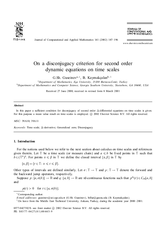 (PDF) On a disconjugacy criterion for second order dynamic equations on ...