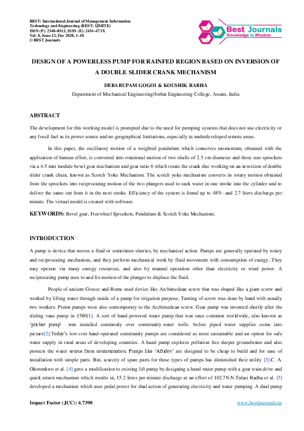(PDF) DESIGN OF A POWERLESS PUMP FOR RAINFED REGION BASED ON INVERSION ...