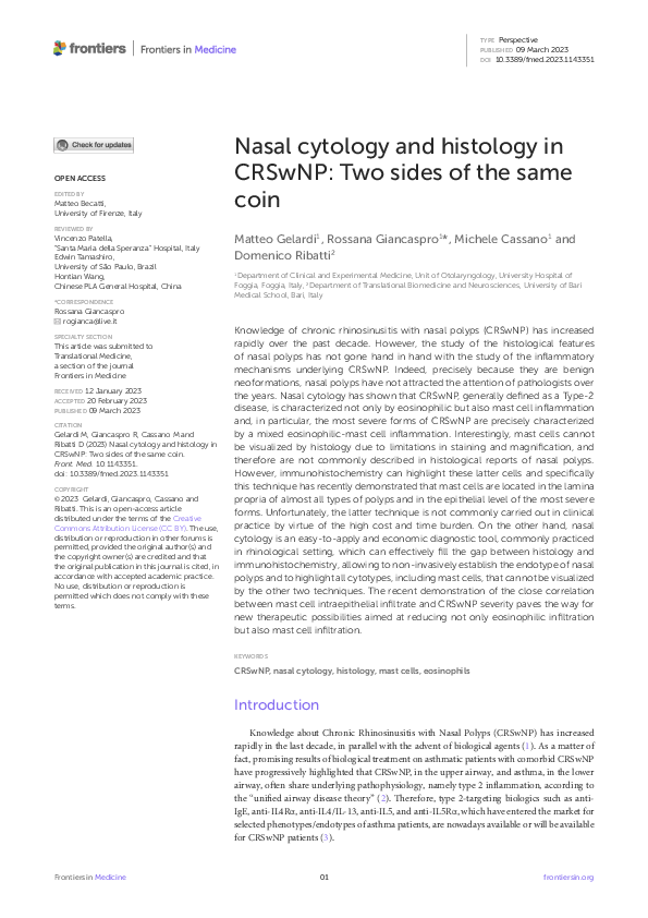 (PDF) Nasal cytology and histology in CRSwNP: Two sides of the same coin