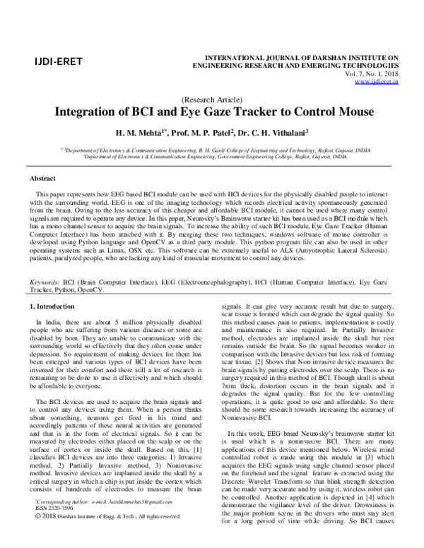 (PDF) Integration of BCI and Eye Gaze Tracker to Control Mouse