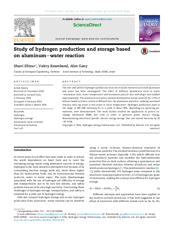(PDF) Study of hydrogen production and storage based on aluminum–water ...