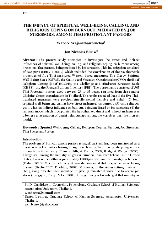 (PDF) The Impact of Spiritual Well-Being, Calling, and Religious Coping ...