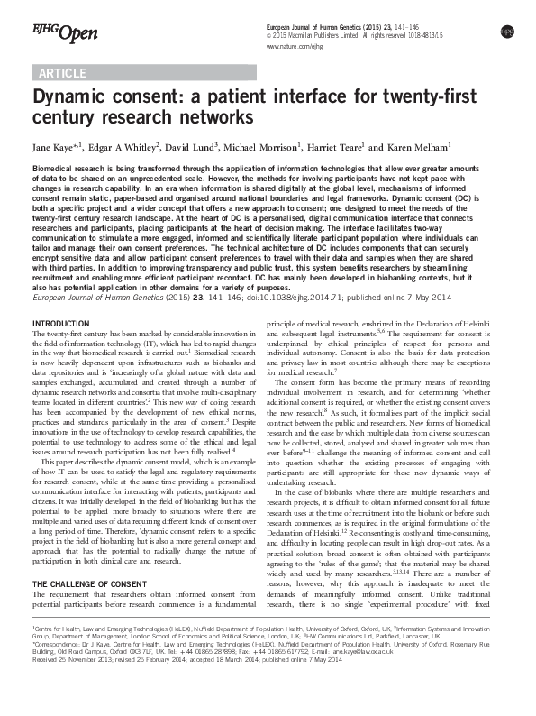 (PDF) Dynamic consent: a patient interface for twenty-first century ...