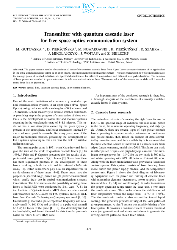 (PDF) Transmitter with quantum cascade laser for free space optics ...