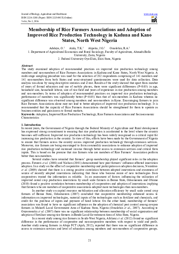 (PDF) Membership of Rice Farmers Associations and Adoption of Improved ...