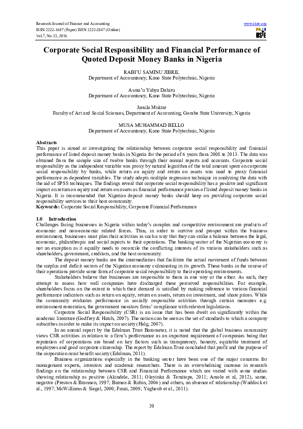 (PDF) Corporate Social Responsibility and Financial Performance of ...