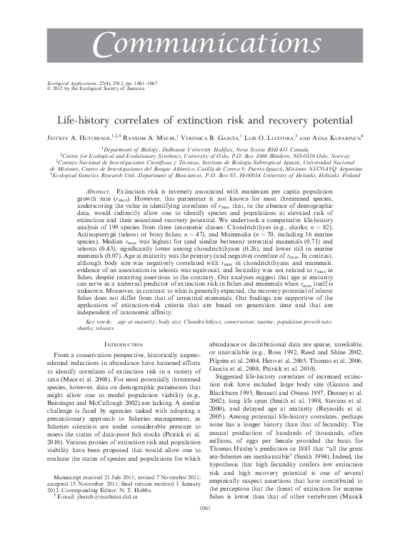 (PDF) Life-history correlates of extinction risk and recovery potential