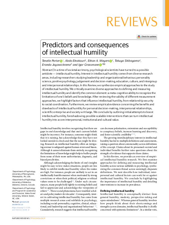 (PDF) Predictors and consequences of intellectual humility