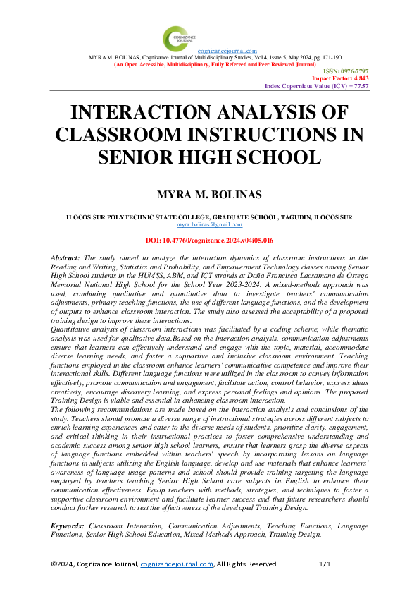 (PDF) INTERACTION ANALYSIS OF CLASSROOM INSTRUCTIONS IN SENIOR HIGH SCHOOL