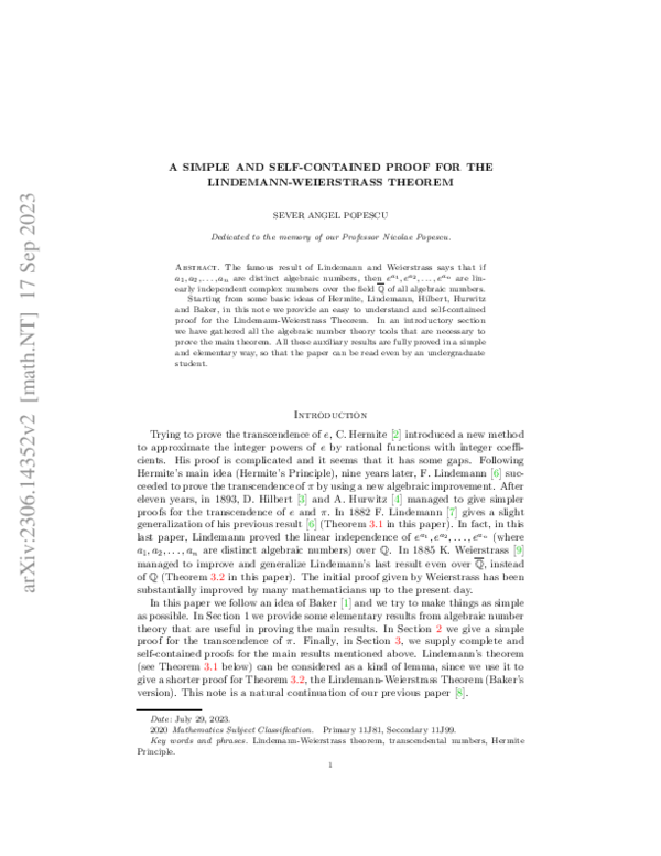 (PDF) A simple and self-contained proof for the Lindemann-Weierstrass ...