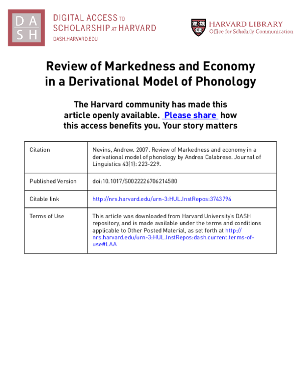 (PDF) Markedness and Economy in a Derivational Model of Phonology