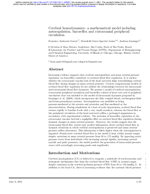 (PDF) Cerebral hemodynamics: a mathematical model including ...