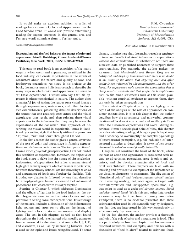 Expectations and the food industry: the impact of color and appearance. John B. Hutchings; Kluwer Academic/Plenum Publishers, New York, 2003, ISBN: 0-306-47291-0