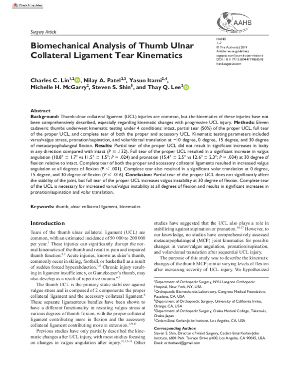 (PDF) Biomechanical Analysis of Thumb Ulnar Collateral Ligament Tear ...