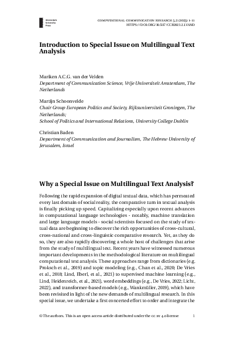 (PDF) Introduction to Special Issue on Multilingual Text Analysis