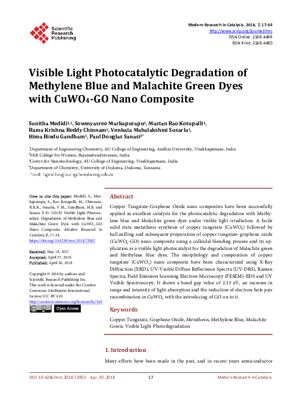 (PDF) Visible Light Photocatalytic Degradation of Methylene Blue and ...