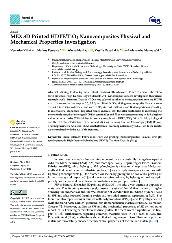(PDF) MEX 3D Printed HDPE/TiO2 Nanocomposites Physical and Mechanical ...