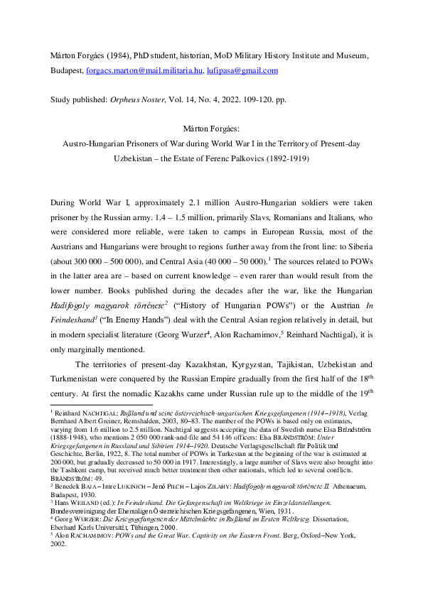 (PDF) Austro-Hungarian Prisoners of War during World War I in the ...