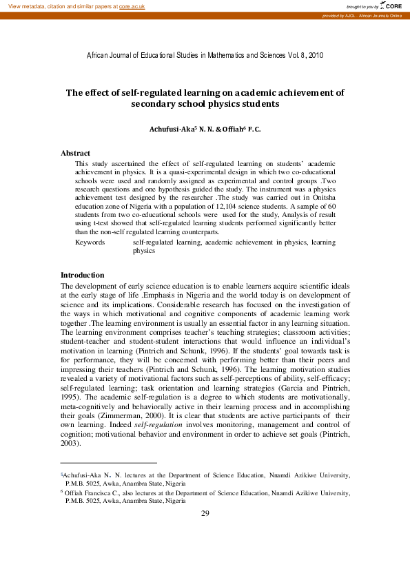 (PDF) The effect of self-regulated learning on academic achievement of ...