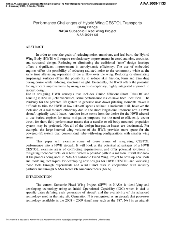 (PDF) Performance Challenges of Hybrid Wing CESTOL Transports