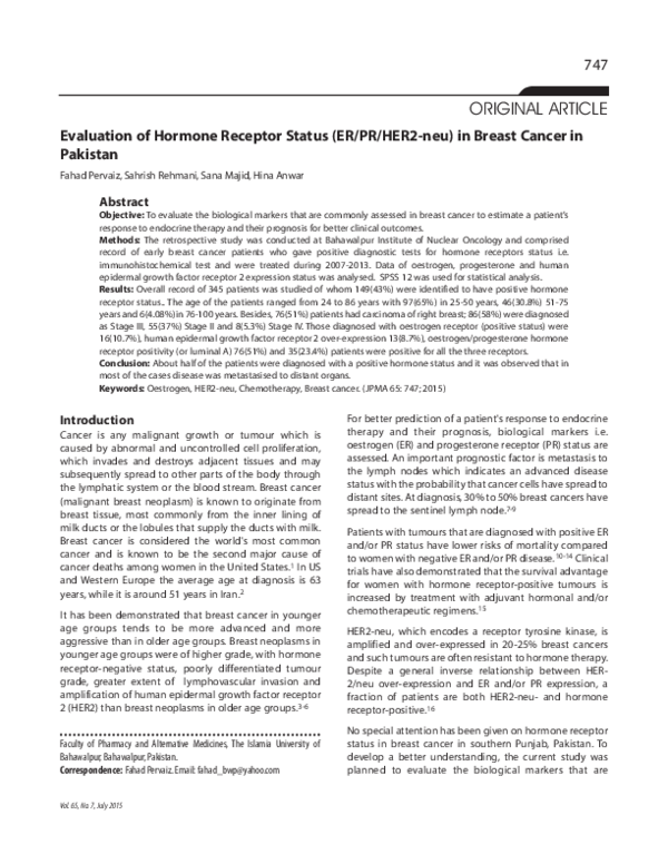 (PDF) Evaluation of Hormone Receptor Status (ER/PR/HER2-neu) in Breast ...