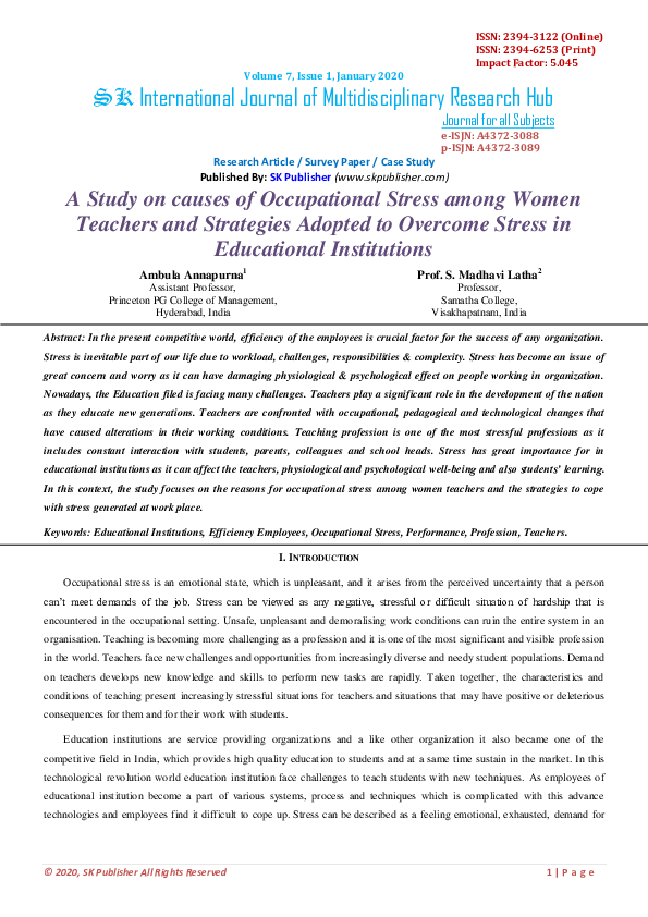 (PDF) A Study on causes of Occupational Stress among Women Teachers and ...
