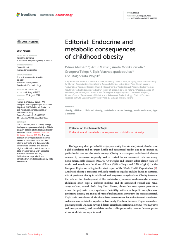 (PDF) Editorial: Endocrine and metabolic consequences of childhood obesity