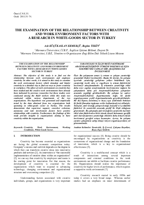 (PDF) The Examination of the Relationship Between Creativity and Work ...