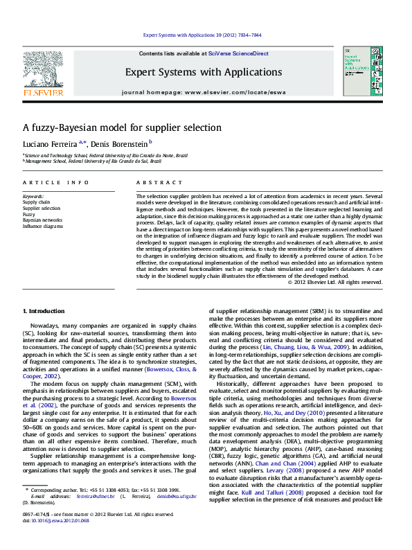 (PDF) A fuzzy-Bayesian model for supplier selection