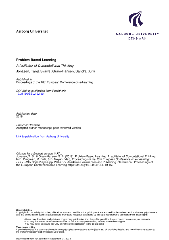 (PDF) Problem Based Learning: A Facilitator of Computational Thinking