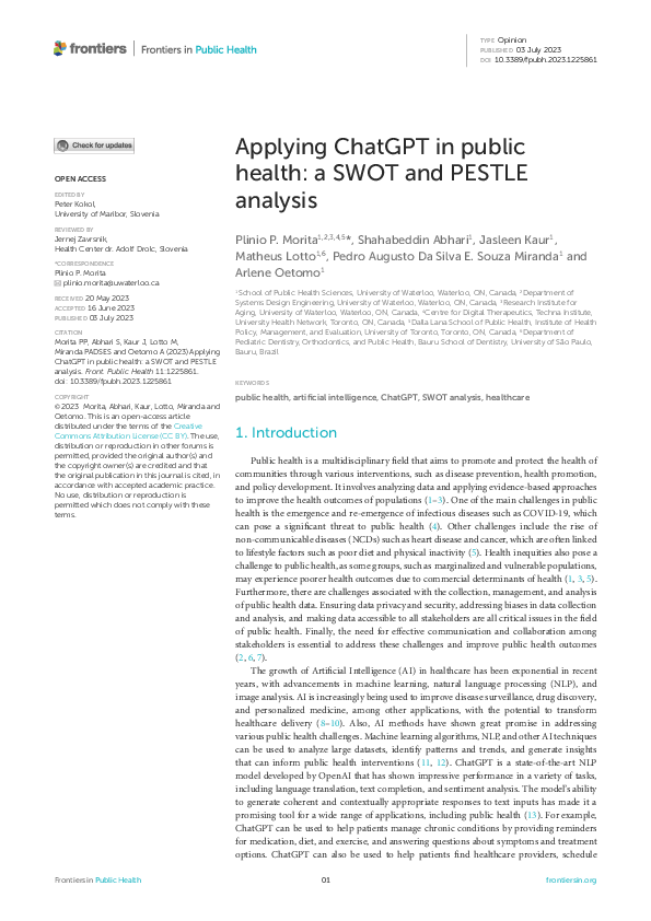 (PDF) Applying ChatGPT in public health: a SWOT and PESTLE analysis