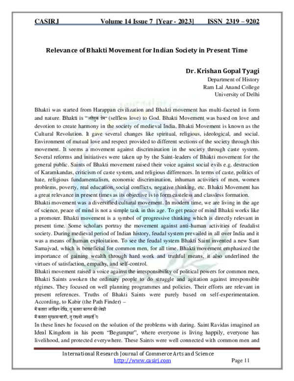 (PDF) Relevance of Bhakti Movement for Indian Society in Present Time