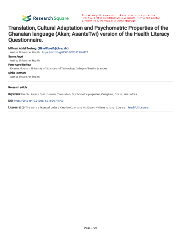 (PDF) Translation, Cultural Adaptation and Psychometric Properties of ...