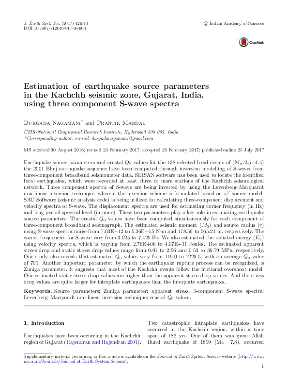 (PDF) Estimation of earthquake source parameters in the Kachchh seismic ...