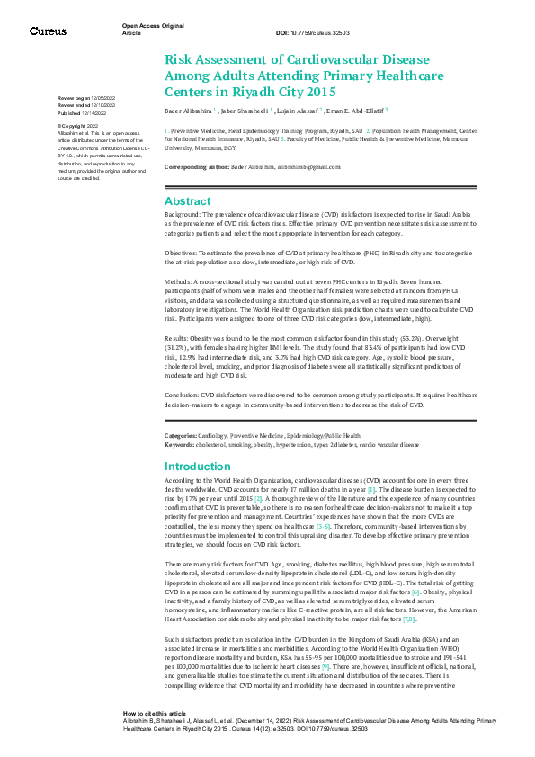 (PDF) Risk Assessment of Cardiovascular Disease Among Adults Attending ...
