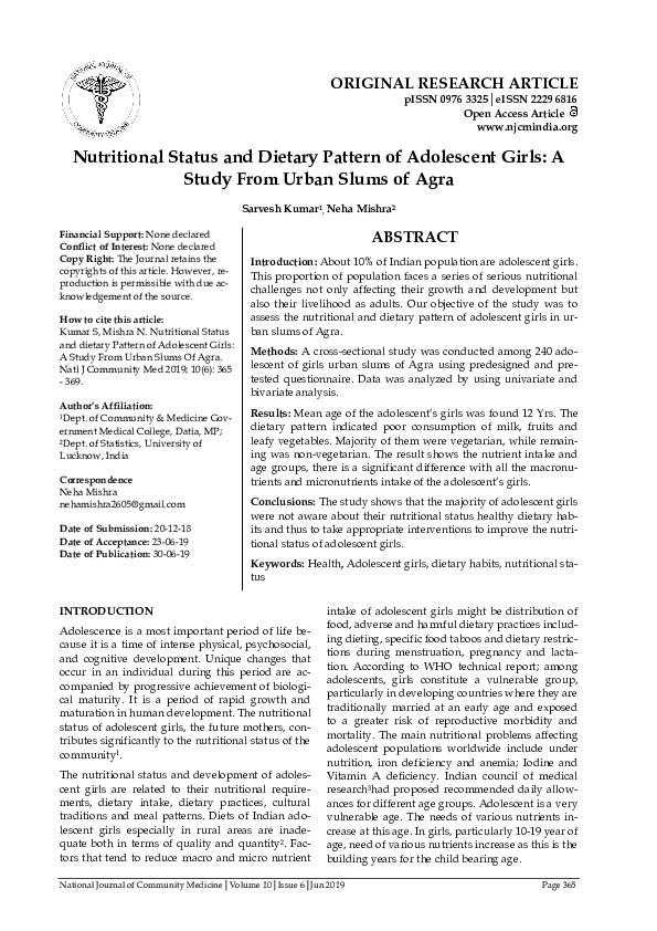 (PDF) Nutritional Status and Dietary Pattern of Adolescent Girls: A ...
