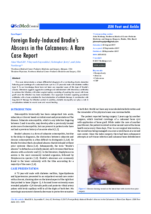 (PDF) Foreign Body-Induced Brodie ’ s Abscess in the Calcaneus : A Rare ...