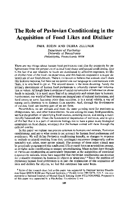 (PDF) The Role of Pavlovian Conditioning in the Acquisition of Food ...